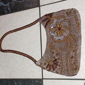 World Finds Brown Gold Beaded Handmade Sari Bag Purse